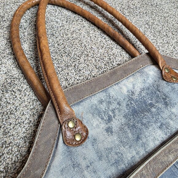 Mona B Collins Tote Bag Distressed Leather Denim Rustic Purse Handbag - Picture 10 of 14